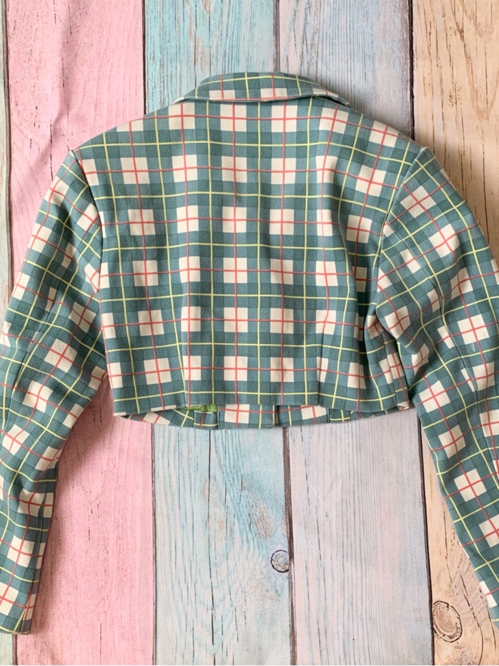 Fashion Brand Company Cropped Plaid Blazer and skirt set in Teal, White and Pink - Picture 8 of 13